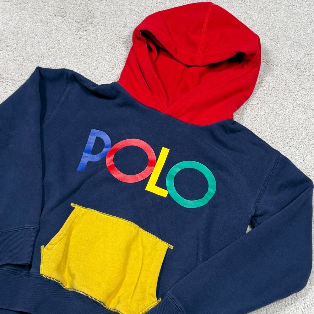 Polo Ralph Lauren Kids Navy Colorblock Hoodie Sweatshirt L 12-14 Multi Logo